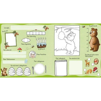 Ausfüll-Doppelseite mit Feldern zu Name, Geburtstag, Lieblingsbuch und Wünschen, dazu Ausmalbild mit Bär und Waldtieren sowie Größenleiste.