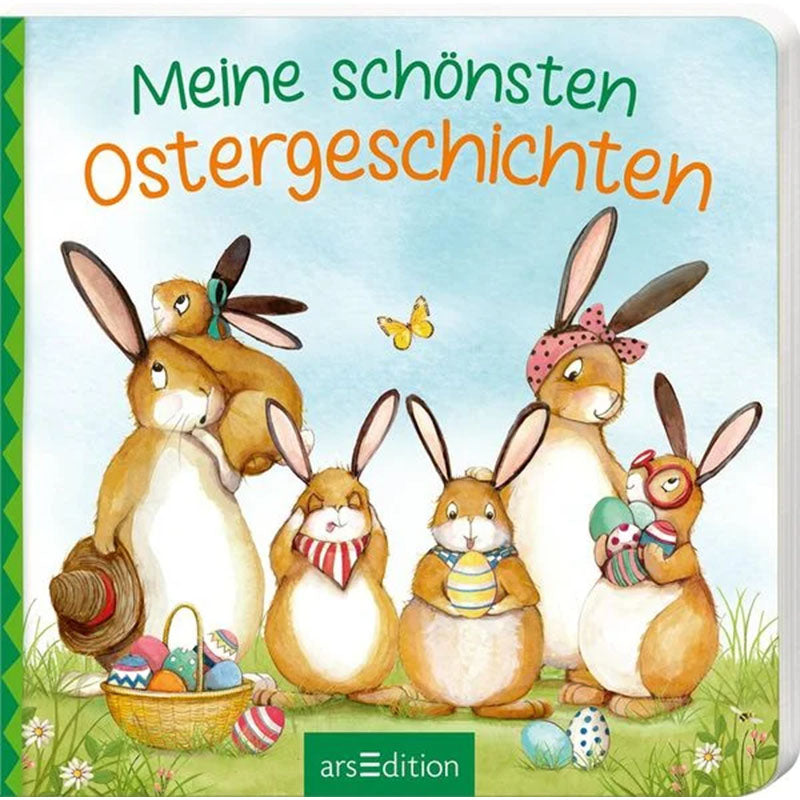 Buchcover: Hasenfamilie mit bemalten Ostereiern auf einer Wiese