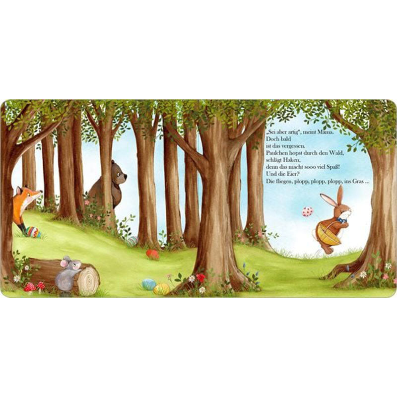 Buchseite: Hase läuft durch den Wald und verliert Ostereier