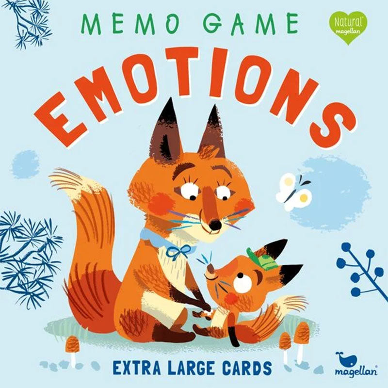 Buchcover / Spielcover – Illustration einer Fuchsmutter, die ein Füchschen tröstet, Titel „Memo Game Emotions“, extra large cards.