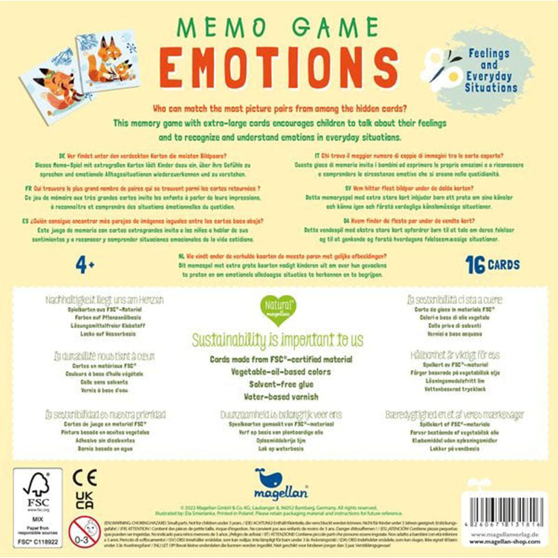 Rückseite der Verpackung – Erklärung des Spiels in mehreren Sprachen, Nachhaltigkeitsangaben und Materialbeschreibung.