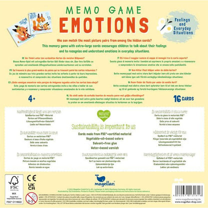 Rückseite der Verpackung – Erklärung des Spiels in mehreren Sprachen, Nachhaltigkeitsangaben und Materialbeschreibung.