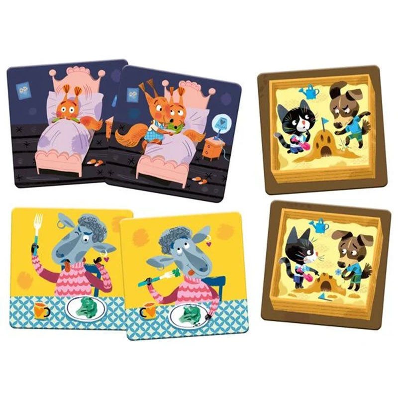 Produktansicht Karten – Zwei Kartenpaare: Füchse im Bett, Kinder streiten im Sandkasten, Schaf beim Essen.