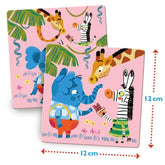 Produktansicht Karten Größe – Zwei identische Karten mit Elefant, Zebra und Giraffe, Maßangabe 12 × 12 cm.