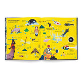 Buchseite Innenseite, gelbe Übersichtsgrafik mit kleinen Bildern und Themen rund um nachtaktive Tiere.