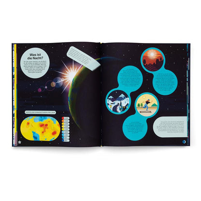 Buchseite Innenseite, Erklärung „Was ist die Nacht?“ mit Erde und Sonne, dunkelblauer Weltraumhintergrund.