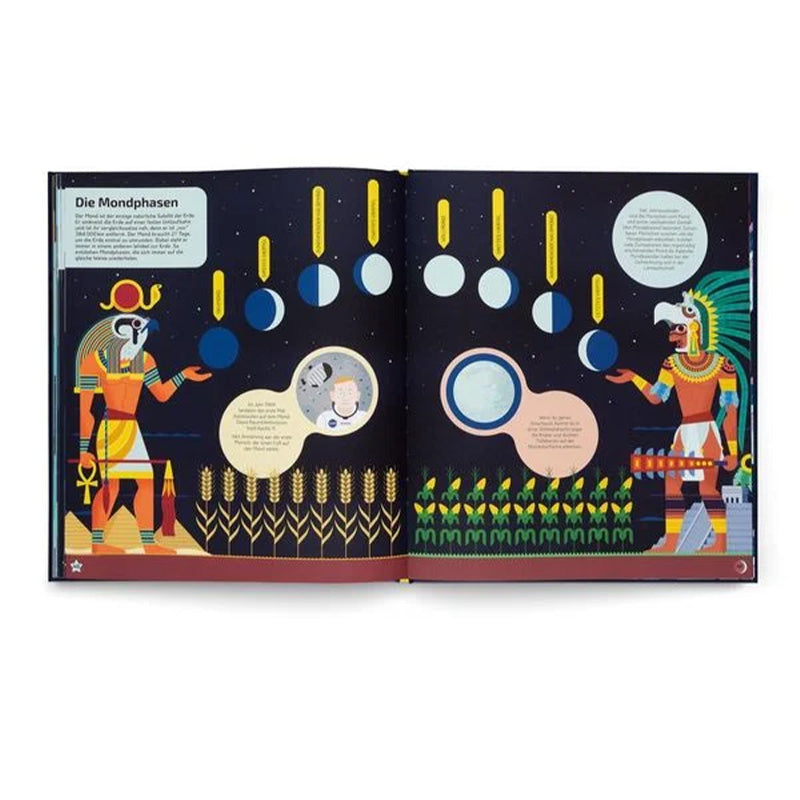 Buchseite Innenseite, Mondphasen erklärt, farbige Darstellung mit Figuren und Nachtlandschaft.