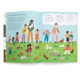 Buchseite – Kinder mit verschiedenen Kaninchenarten auf einer grünen Wiese.