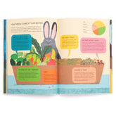 Buchseite – bunte Illustration zu Ernährung von Kaninchen mit Gemüse, Obst und Heu.