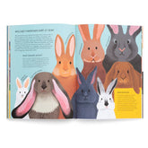 Buchseite – große Kaninchenporträts verschiedener Rassen.