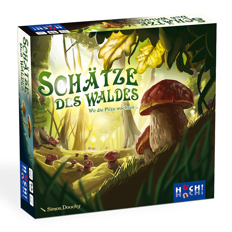 Verpackung des Spiels „Schätze des Waldes“ mit Walddesign, Pilzen im Vordergrund und dem Titel in grüner Schrift.