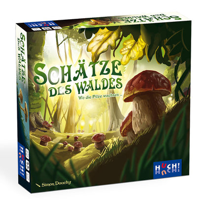 Verpackung des Spiels „Schätze des Waldes“ mit Walddesign, Pilzen im Vordergrund und dem Titel in grüner Schrift.