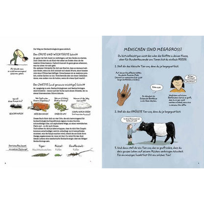 Buchseite Innenseite. Text und Illustrationen erklären erste Beobachtungsschritte, dazu Kinderzeichnungen von Tieren und Natur.