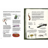 Buchseite Innenseite. Vorstellung von Beobachtungswerkzeugen wie Lupe, Kamera und Taschenlampe mit Zeichnungen und kurzen Erklärungen.