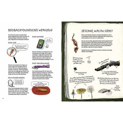 Buchseite Innenseite. Vorstellung von Beobachtungswerkzeugen wie Lupe, Kamera und Taschenlampe mit Zeichnungen und kurzen Erklärungen.