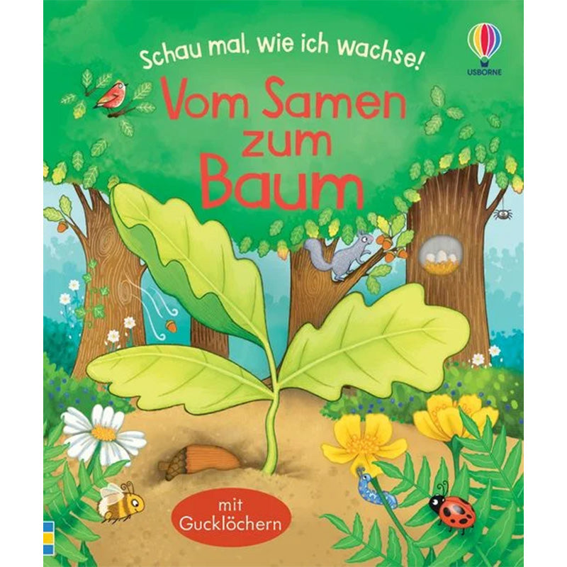 Buchcover „Schau mal, wie ich wachse! Vom Samen zum Baum“ mit Pflanze, Eichel und Waldtieren, Kinderbuch.