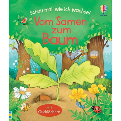 Buchcover „Schau mal, wie ich wachse! Vom Samen zum Baum“ mit Pflanze, Eichel und Waldtieren, Kinderbuch.