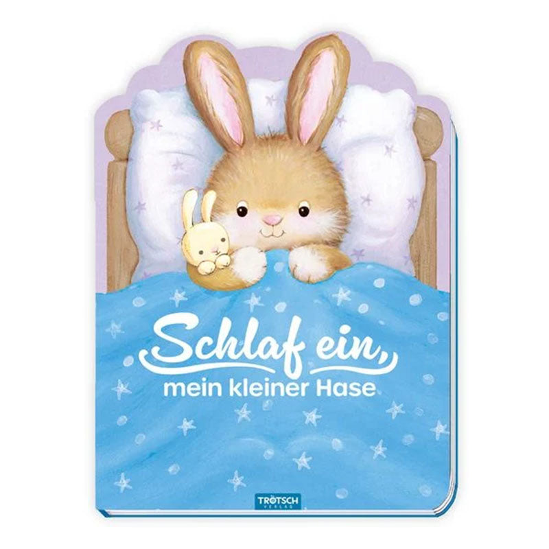 Buchcover – Hase liegt im Bett unter blauer Decke mit Stoffhäschen und dem Titel „Schlaf ein, mein kleiner Hase“.