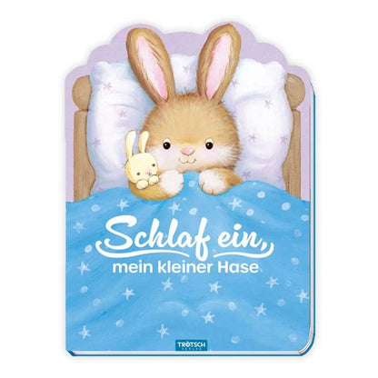 Buchcover – Hase liegt im Bett unter blauer Decke mit Stoffhäschen und dem Titel „Schlaf ein, mein kleiner Hase“.