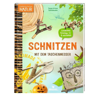 Buchcover „Schnitzen mit dem Taschenmesser“ – Holzarbeiten, Werkzeuge und Naturmotive auf grünem Hintergrund.