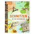 Buchcover „Schnitzen mit dem Taschenmesser“ – Holzarbeiten, Werkzeuge und Naturmotive auf grünem Hintergrund.