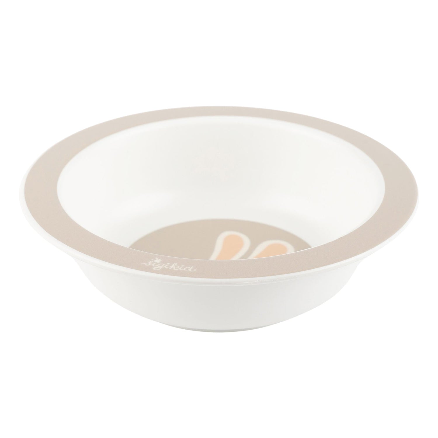 Seitenansicht einer beigen Müslischüssel für Kinder mit Hasenmotiv