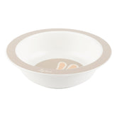 Seitenansicht einer beigen Müslischüssel für Kinder mit Hasenmotiv