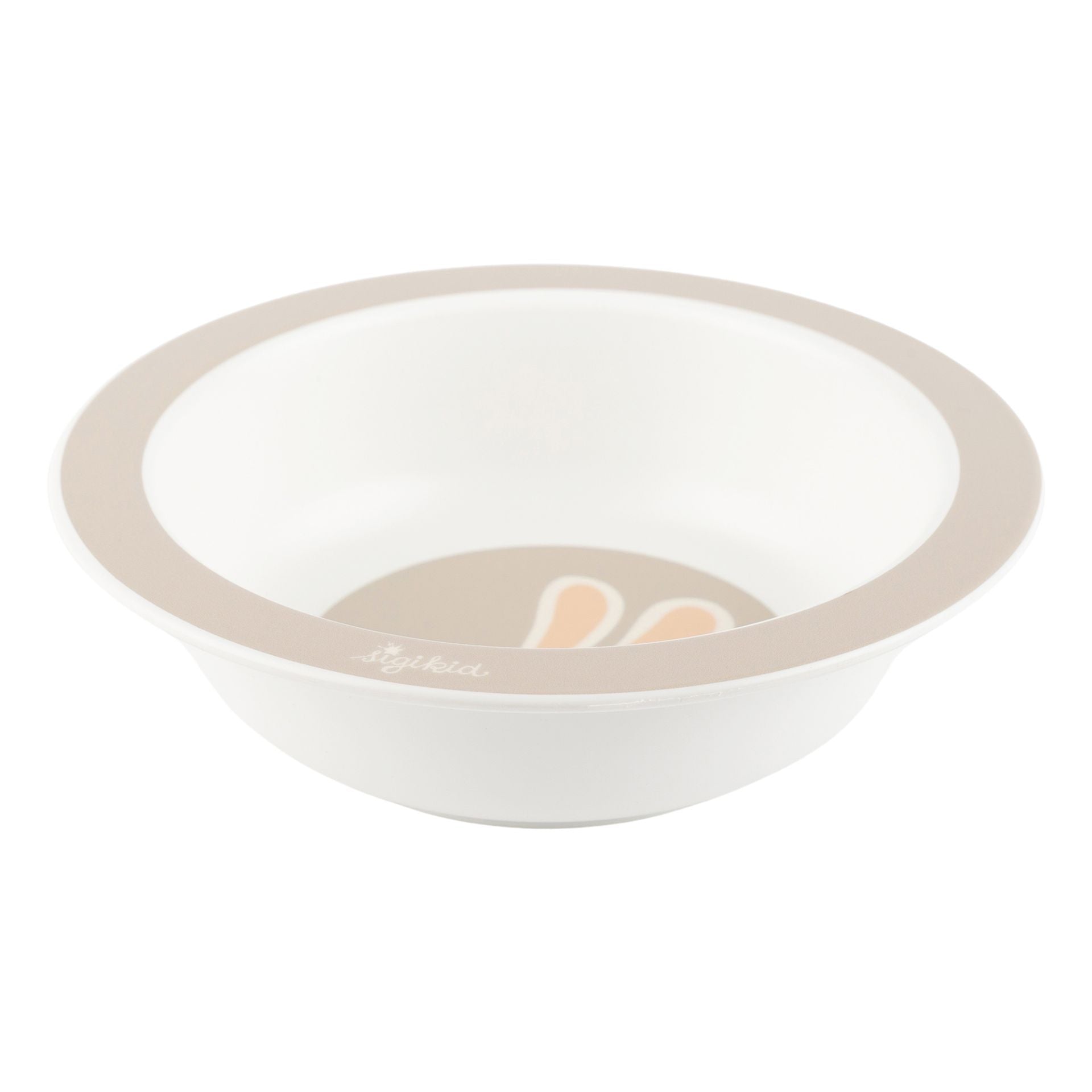 Seitenansicht einer beigen Müslischüssel für Kinder mit Hasenmotiv