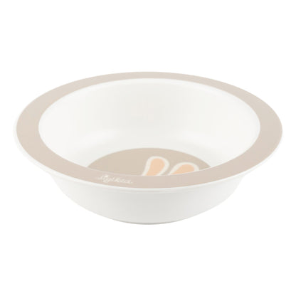 Seitenansicht einer beigen Müslischüssel für Kinder mit Hasenmotiv