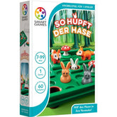 Verpackung des Logikspiels „So hupft der Hase“ von Smart Games mit buntem Spielfeld, Hasen, Füchsen und Pilzen im Waldmotiv.