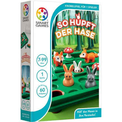 Verpackung des Logikspiels „So hupft der Hase“ von Smart Games mit buntem Spielfeld, Hasen, Füchsen und Pilzen im Waldmotiv.