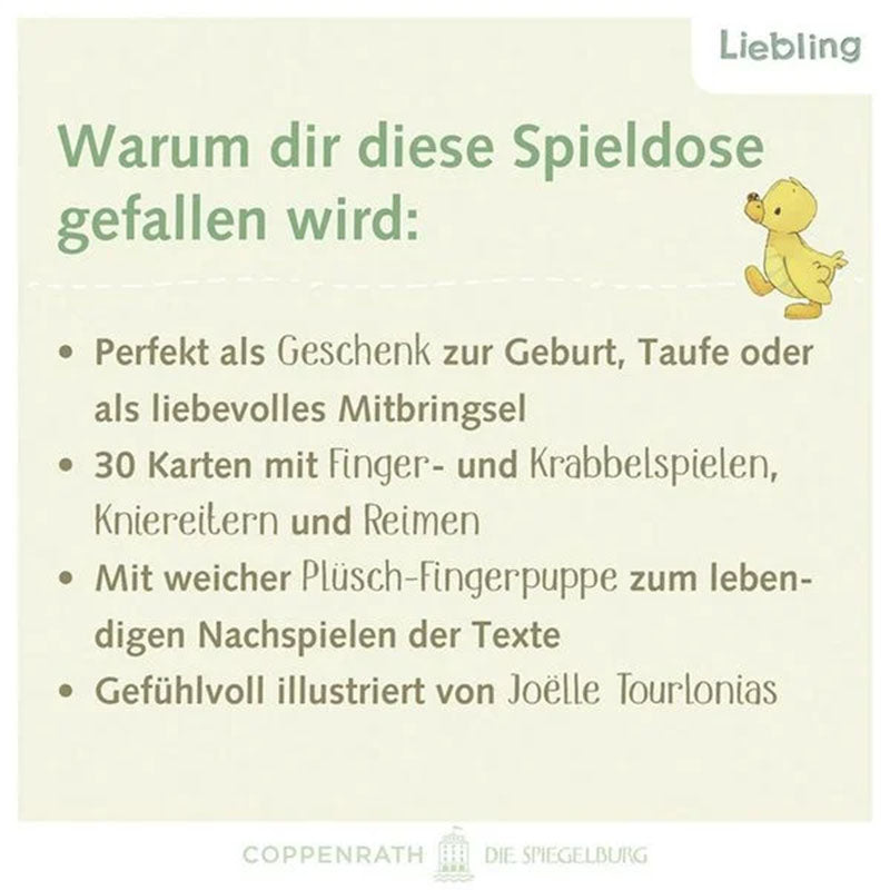 Produktinfoseite – Erklärung zur Spieldose mit Text zu Inhalt, Fingerpuppe und Karten

