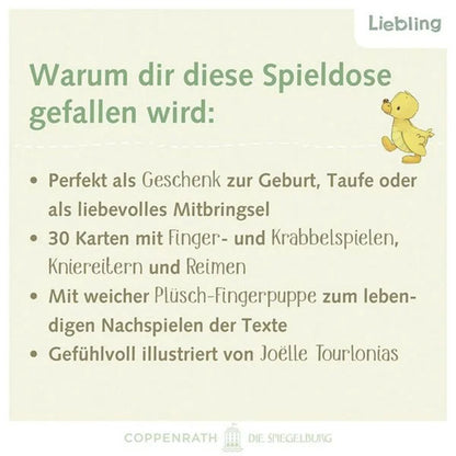Produktinfoseite – Erklärung zur Spieldose mit Text zu Inhalt, Fingerpuppe und Karten

