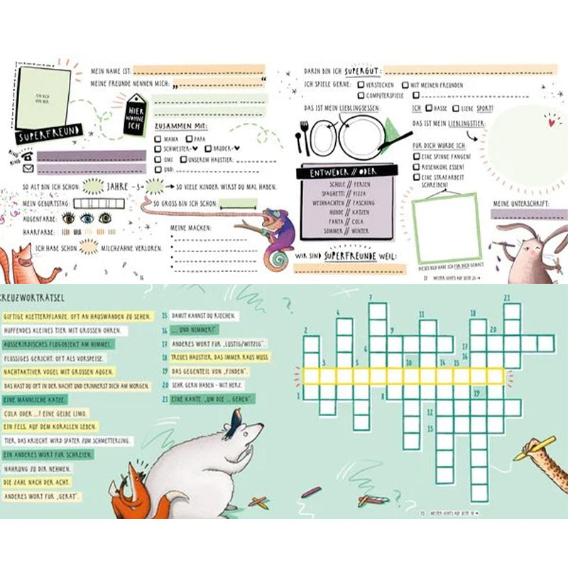 Buchseite Superfreunde – ausgefüllte Freundebuchseite mit Fragen und Rätsel, bunt illustriert mit Tieren. 