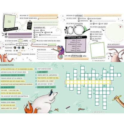 Buchseite Superfreunde – ausgefüllte Freundebuchseite mit Fragen und Rätsel, bunt illustriert mit Tieren. 