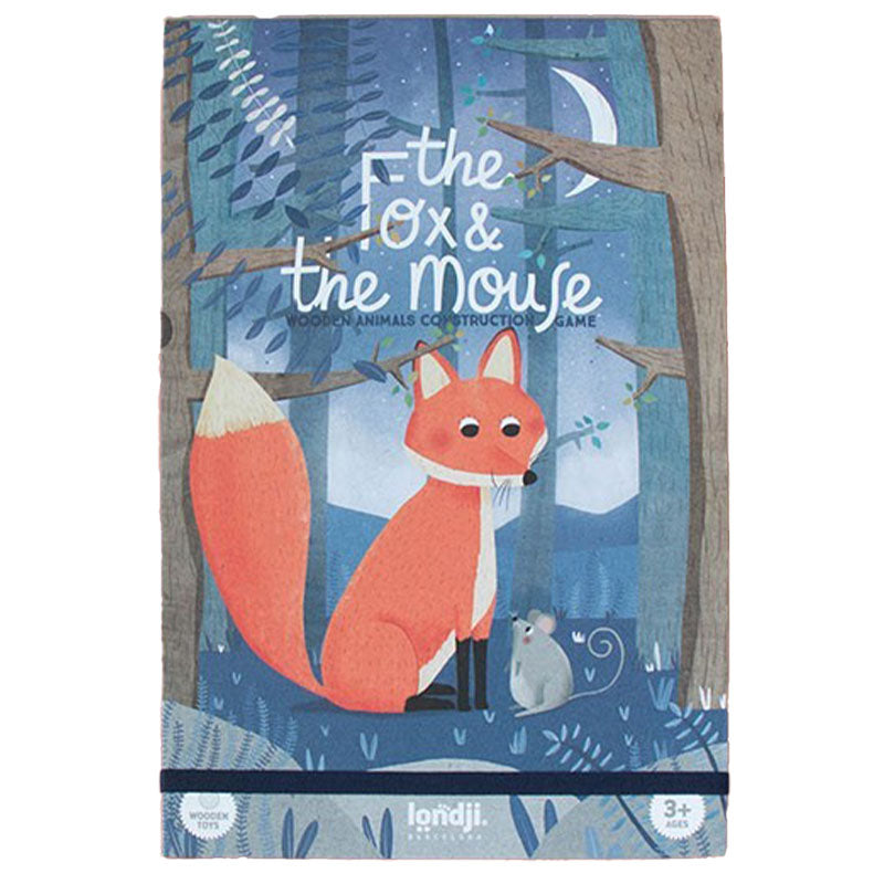 Verpackung des Holzspiels „The Fox &amp; the Mouse“ von Londji mit Fuchs und Maus im nächtlichen Wald unter einem Halbmond.