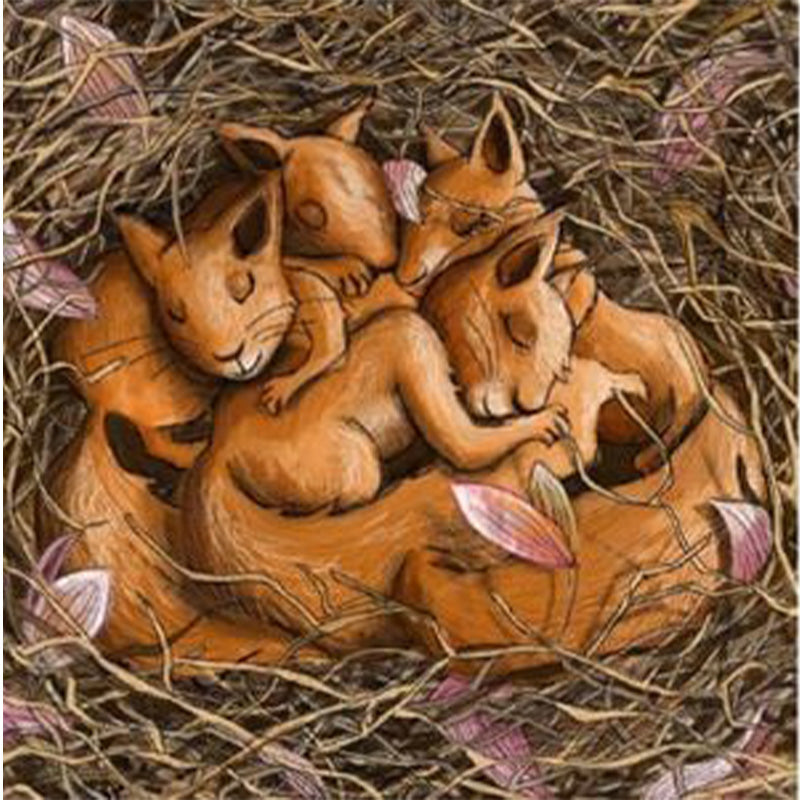 Illustration von vier schlafenden Eichhörnchenbabys, eng aneinandergeschmiegt in einem Nest aus Zweigen und Blütenblättern.