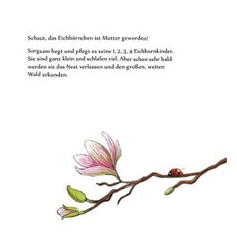 Buchseite mit Text über eine Eichhörnchenmutter und ihre Jungen, darunter eine zarte Illustration eines blühenden Zweigs mit einem Marienkäfer.