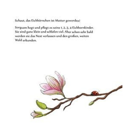 Buchseite mit Text über eine Eichhörnchenmutter und ihre Jungen, darunter eine zarte Illustration eines blühenden Zweigs mit einem Marienkäfer.