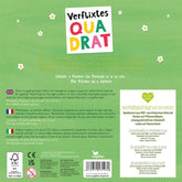 Rückseite des Spiels Verflixtes Quadrat mit Infos zu Inhalt, Nachhaltigkeit und Sprachen.