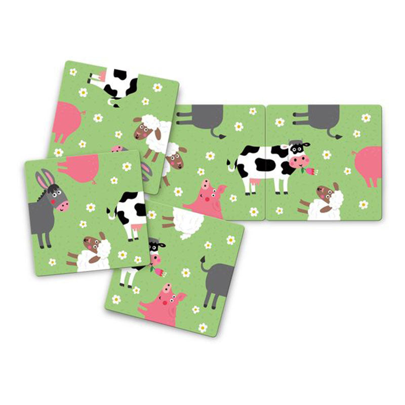 Spielkarten von Verflixtes Quadrat mit Tieren wie Kuh, Schwein, Schaf und Esel auf grünem Hintergrund.