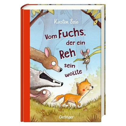 Buchcover – Bunt illustriertes Cover „Vom Fuchs, der ein Reh sein wollte“ mit jungem Fuchs und Waldtieren.