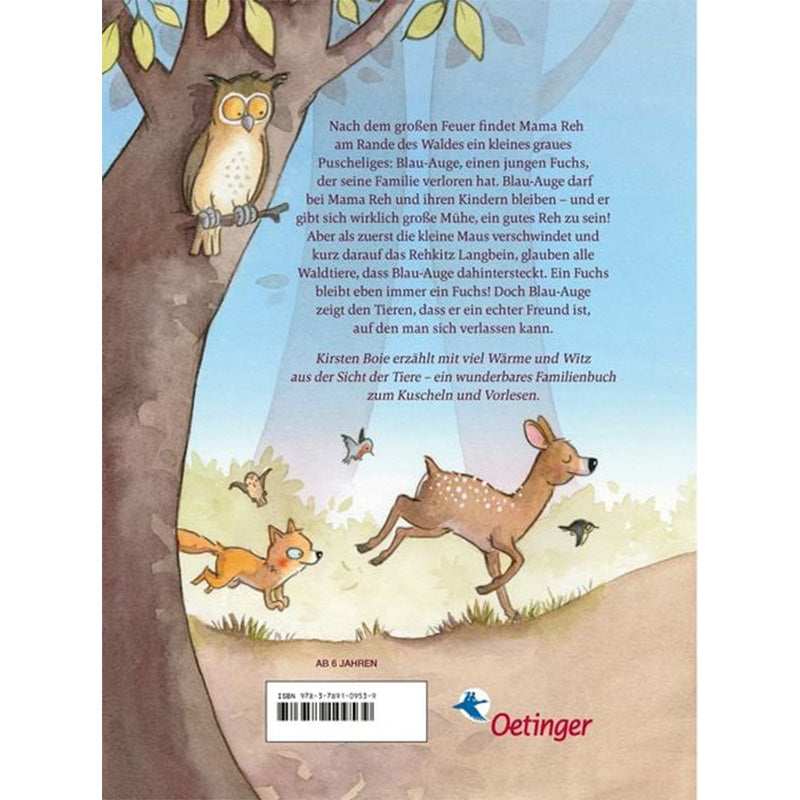 uchrückseite – Beschreibung der Geschichte mit Rehkitz und Fuchs im Wald, Eule sitzt im Baum.
