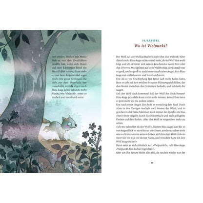 Buchseite – Innenseite mit Textkapitel „Wo ist Vielpunkt?“ und Illustration eines kleinen Fuchses im Wald bei Nacht.