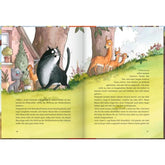 Buchseite – Innenseite mit Fuchs und Rehe vor einem Haus, daneben Textspalten.