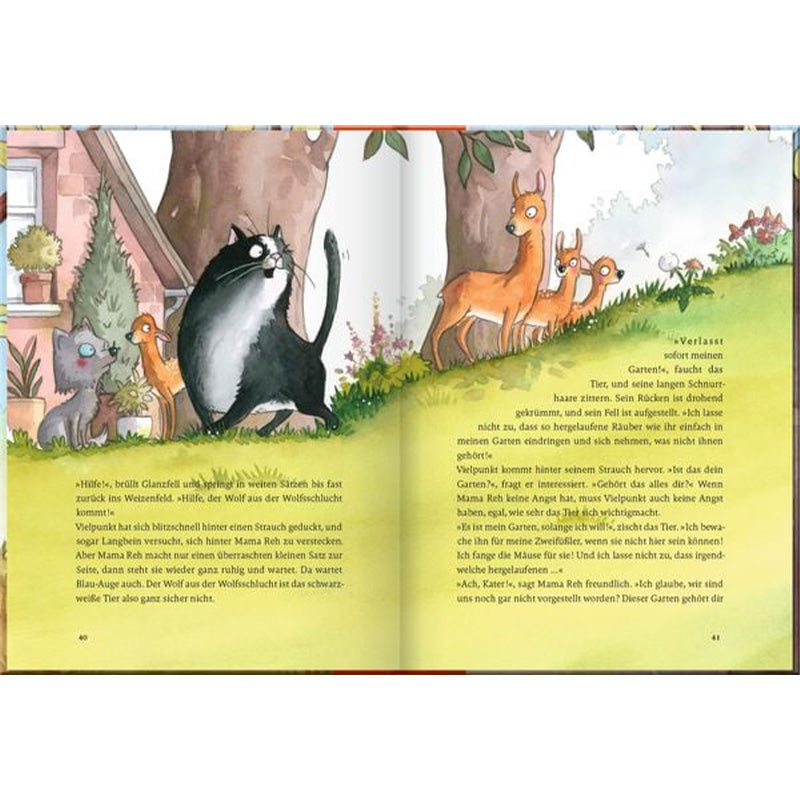 Buchseite – Innenseite mit Fuchs und Rehe vor einem Haus, daneben Textspalten.