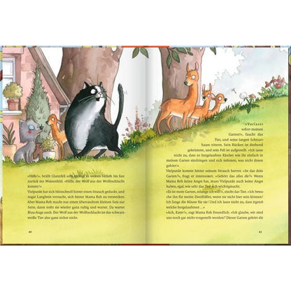 Buchseite – Innenseite mit Fuchs und Rehe vor einem Haus, daneben Textspalten.