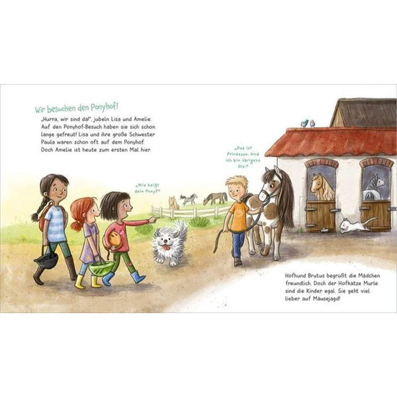 Innenseiten zeigen den Besuch auf dem Ponyhof – Kinder treffen Ponys, lernen ihre Namen kennen und erleben den Hofhund Brutus und Katze Murle.