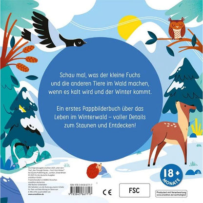 Rückseite – Erklärung zum Buch: „Schau mal, was der kleine Fuchs und die anderen Tiere im Wald machen, wenn es kalt wird und der Winter kommt.“ Ein erstes Entdeckerbuch über das Leben im Winterwald – ideal für Kinder ab 18 Monaten.