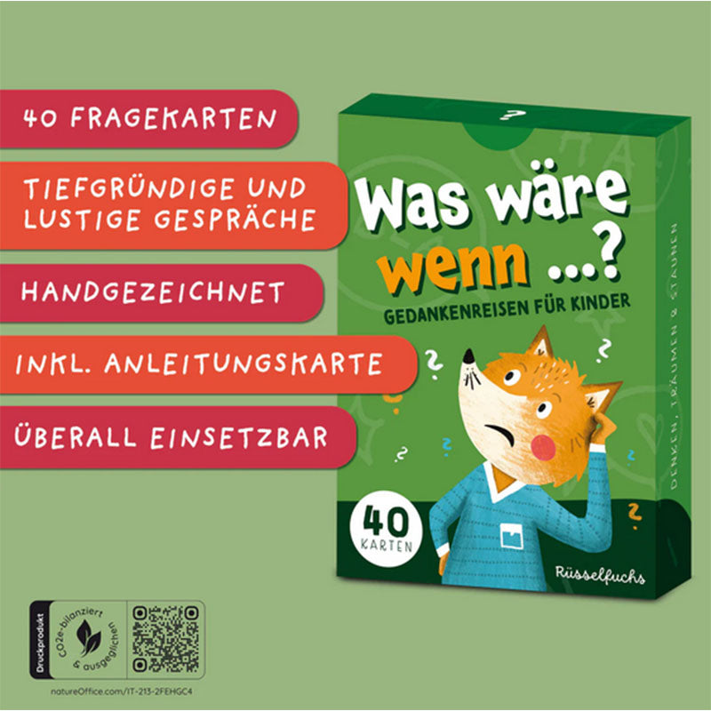 Produktansicht der Kartenbox Was wäre wenn mit Hinweisen zu 40 Fragekarten, handgezeichneten Illustrationen, Anleitungskarte und Einsatzmöglichkeiten auf grünem Hintergrund